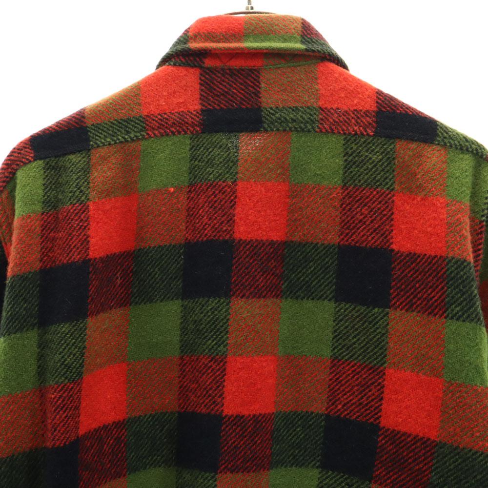 VINTAGE 50s 60s Gusseted wool blend Check Pattern Long sleeve Wool shirt Men's Used