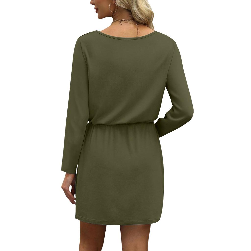 Women's Fashion V-Neck Long Sleeve Drawstring With Pockets Solid Colour Casual Dresses