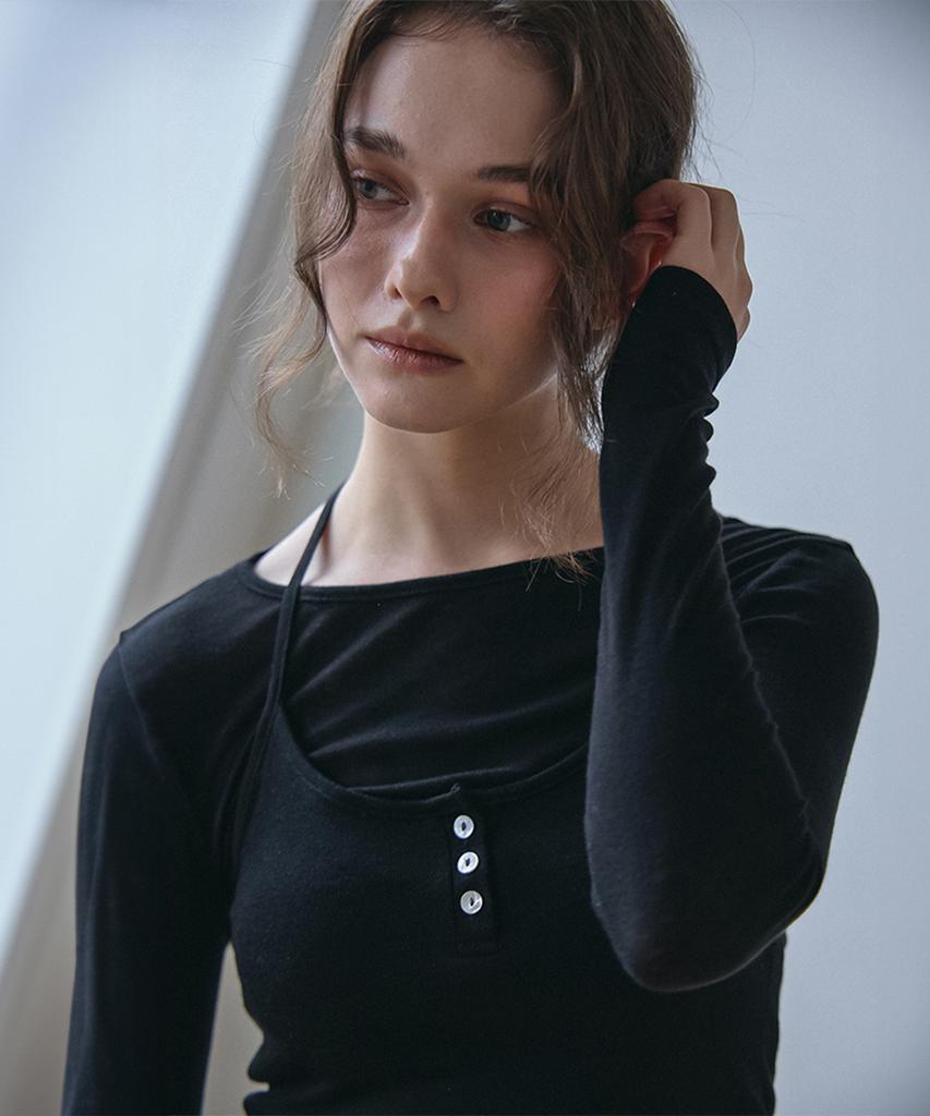 Bember Button-Detail Bustier Layered T-Shirt_Black
