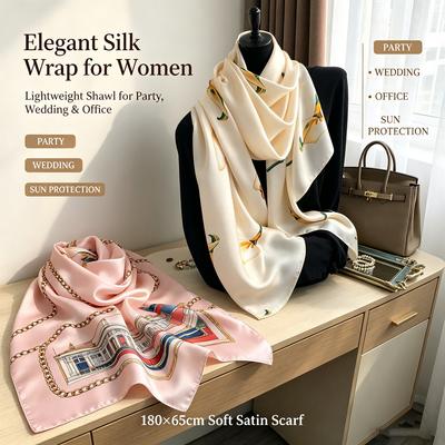 Women Large Satin Shawl 180x65cm, Vintage Art Print Silk Feel Wrap, Lightweight Sun Protection Scarf Gift for Ladies