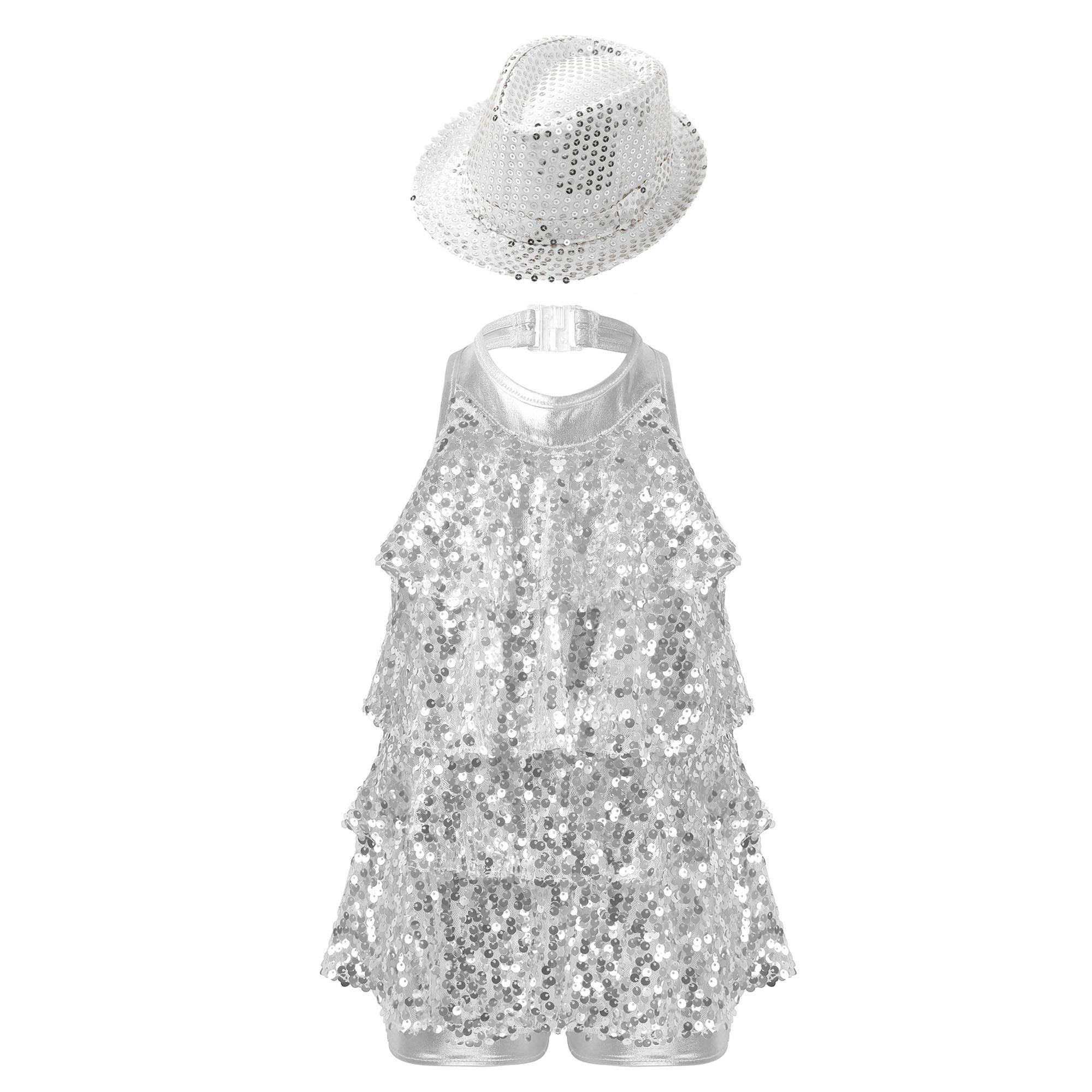 

Girls Latin Dance Leotard Halter Neck Backless Design Sparkling Sequins Ruffled Details Matching Hat Accessory 13-14 Years срібний