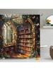 Library Bookshelf Shower Curtain Fantasy Butterfly Jungle Forest Vine Green Plant Flower Vintage Educational Bookcase Books