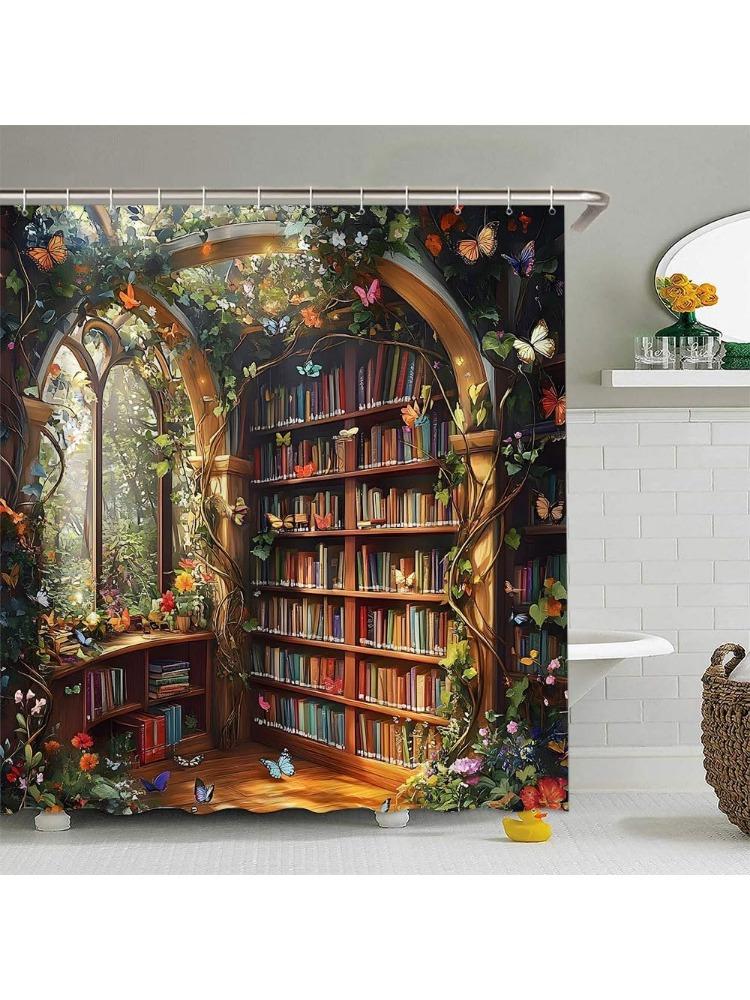 Книжная полка Библиотека Шторка для душа Фантастическая Бабочка Джунгли Лес Лиана Зеленое Растение Цветок Винтажный Учебный Книжный шкаф Книги 90x180CM