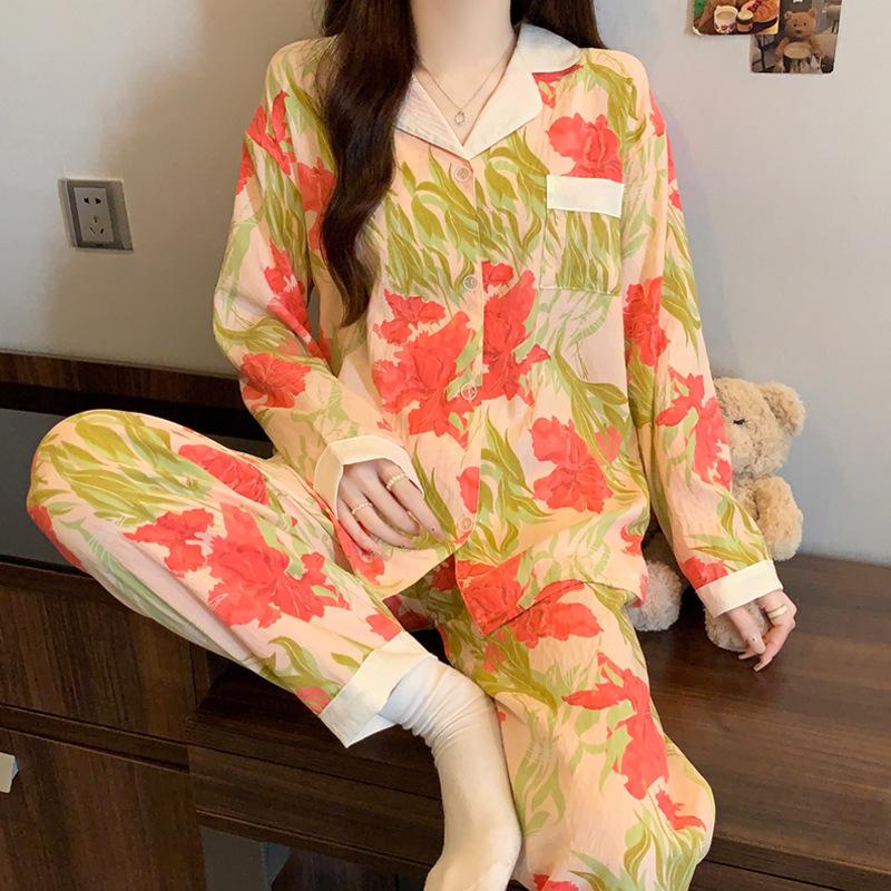 Idyllic Clouds Cotton Edge Princess Collar Pajamas Women'S Long Sleeves Trousers Homewear