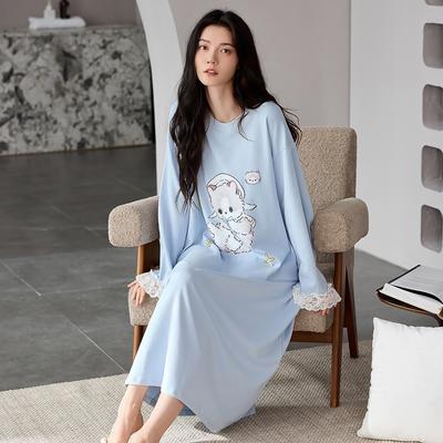 Nightgown Women'S Spring And Autumn Pure Cotton Long-Sleeved Medium And Long Loose, Sweet And High-End Casual Can Be Worn Outside Loungewear