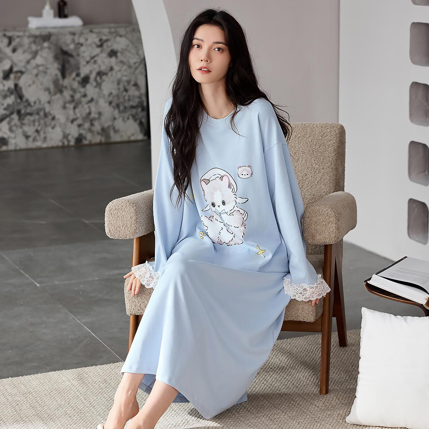 

Ночная сорочка из чистого хлопка с длинным рукавом женская весенне-осенняя свободная повседневная домашняя одежда милая мультяшная пижама женская L