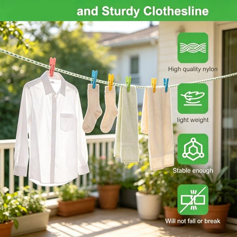 Laundry Line 2 Pack, Braided PE Portable Clothesline With Metal End Fittings for Clothes and Towels During Household, Travel or Outdoor Stays