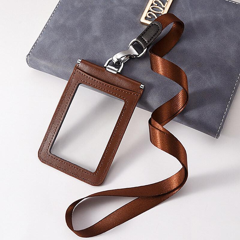 2-Sided Transparent Window Badge Holder ID Business Work Card Holders Genuine Leather Card Case with Lanyard (Can Hold 4 Cards )
