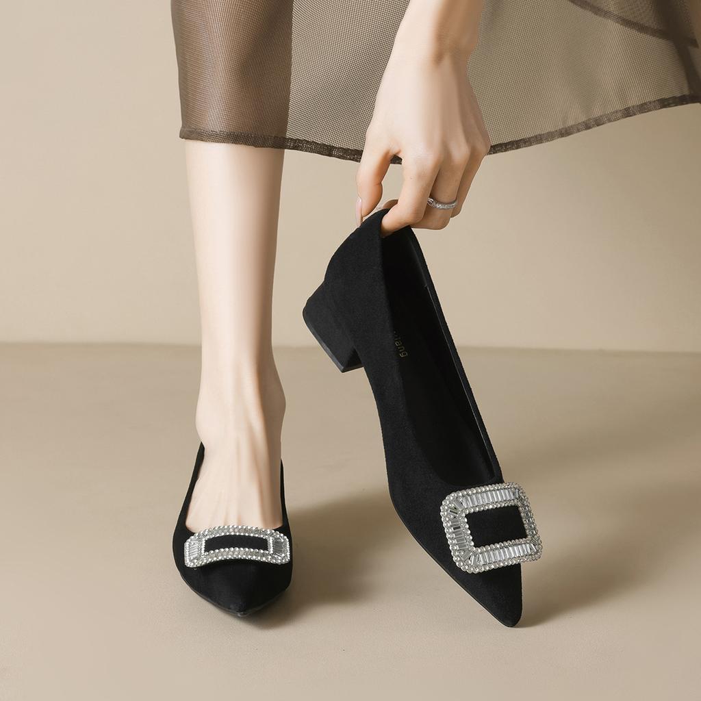 Temperament High Heels Rhinestone Single Shoes Women's Spring Black Thick Heel Commuter Women's Shoes