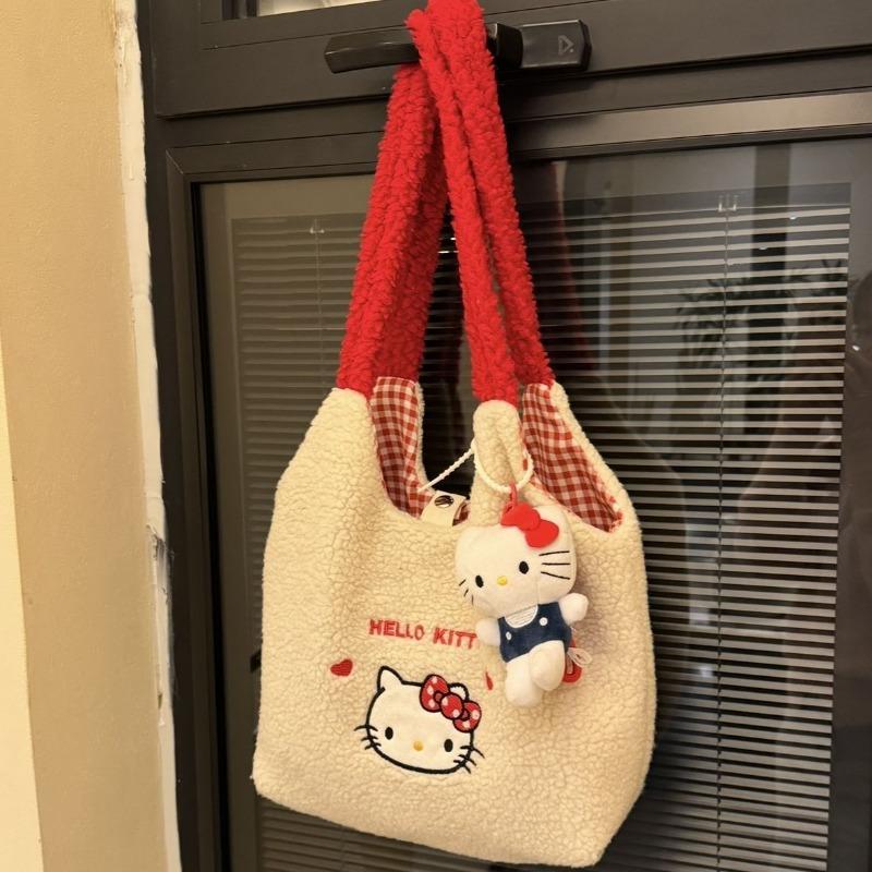 

Warm winter whirring lamb wool splicing shoulder bag large tote bag fluff handbag cute kitty embroidery bag