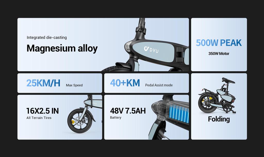 DYU C2 Electric Bicycle 350W Motor, 48V 7.5Ah Battery, 16 Inch Tires, Range 45KM, Foldable, Folding E-Bike