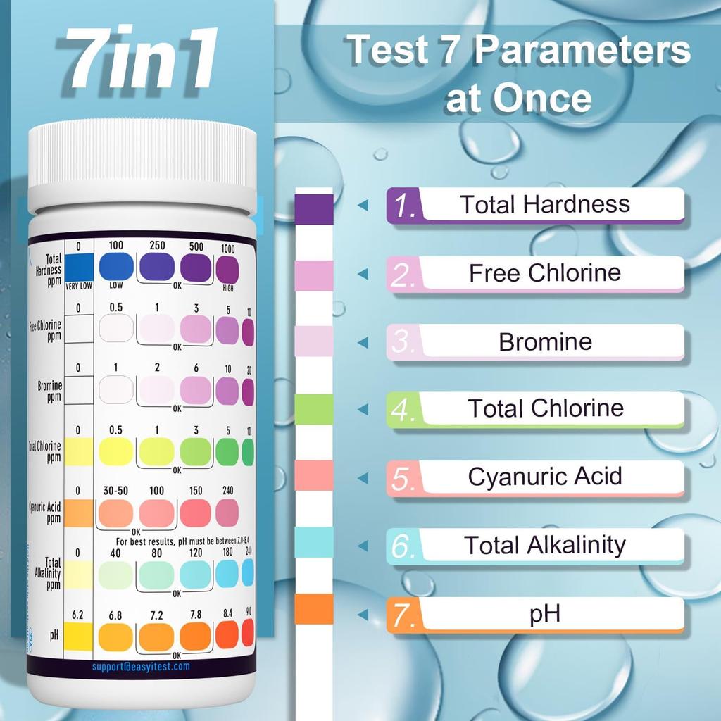 EASYTEST 7-Way Pool Test Strips, 150 Strips Water Chemical Testing for Hot tub and Spa, Accurate Test Bromine, Total Alkalinity, pH, Free Chlorine,
