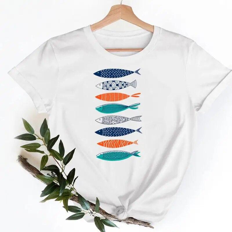 Tee Shirt T Fish Watercolor Printing Women Casual Fashion Tshirt Top Female Lady Clothes Short Sleeve Graphic T-shirts