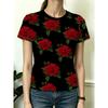 Women's T-shirt with Red Rose Full Print Retro Romantic Round Neck Top