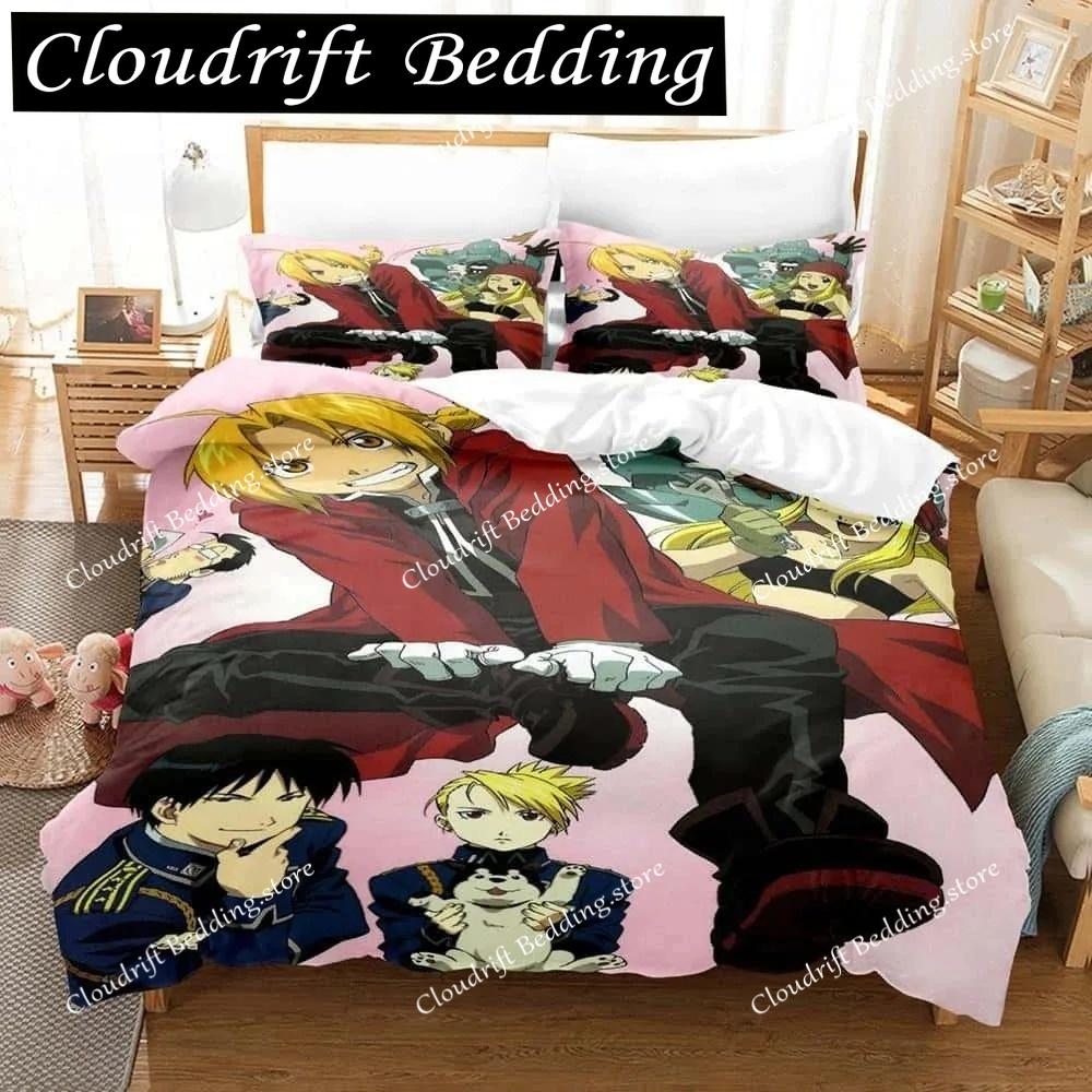 Set di biancheria da letto Fullmetal Alchemist con cartoni animati stampati in 3D, singolo, doppio, matrimoniale, king size, per adulti e bambini
