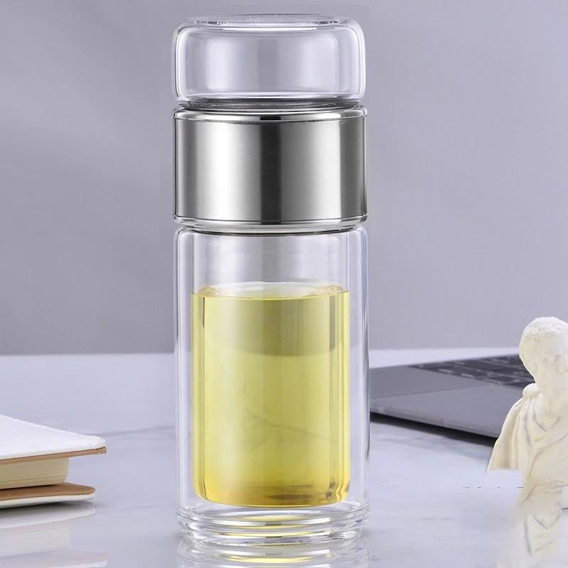 Láhev na vodu s vysokým obsahem borosilikátového skla, dvouvrstvé, šálek na vodu na čaj Infuser Tumbler Nádobí Láhev na vodu s filtrem na čaj