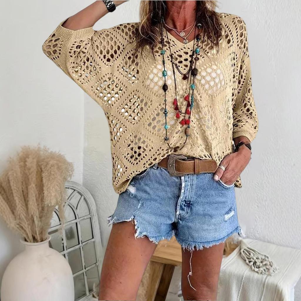 Women's V-neck Diamond-shaped Openwork Sleeve Sweater Cardigan Knitted Top
