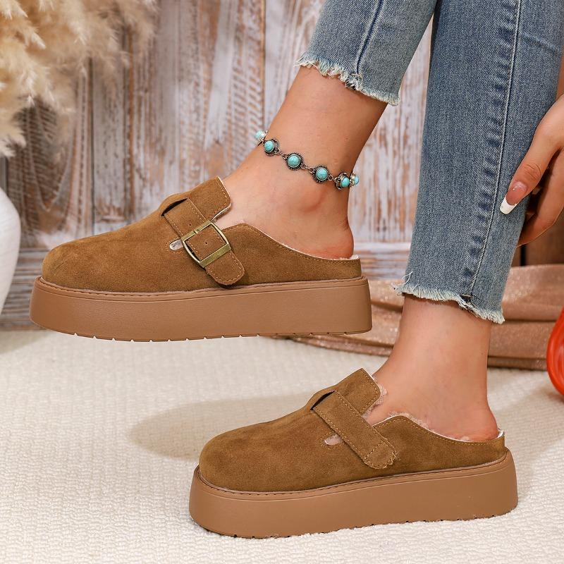 Fashion Platform Slippers Autumn and Winter New Round Toe Deep Mouth Metal Buckle Non-slip Wear-resistant Flat Shoes