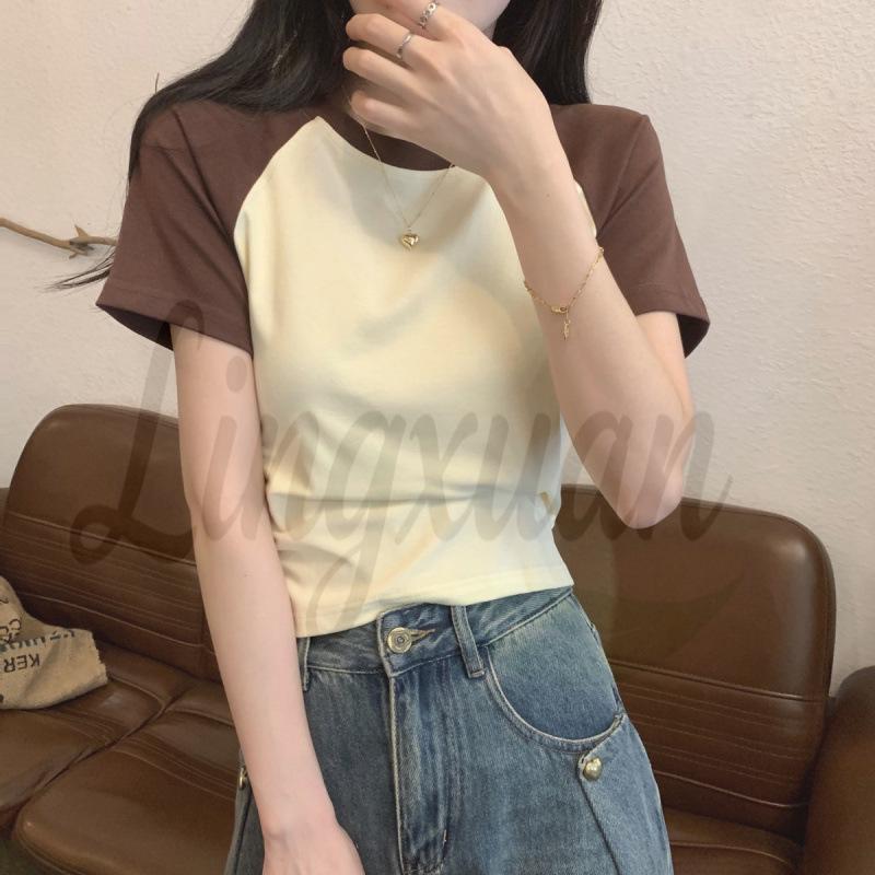Koreanischer Stil Color Block Raglanärmel Baumwolle Schlankmachendes T-Shirt
