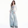 American Light Blue Washed Cat Beard Wide-leg Jeans Women's Autumn New High-waisted Loose and Thin Floor Pants