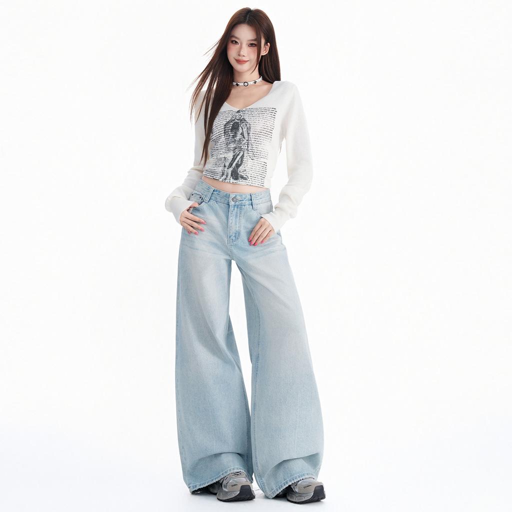 American Light Blue Washed Cat Beard Wide-leg Jeans Women's Autumn New High-waisted Loose and Thin Floor Pants