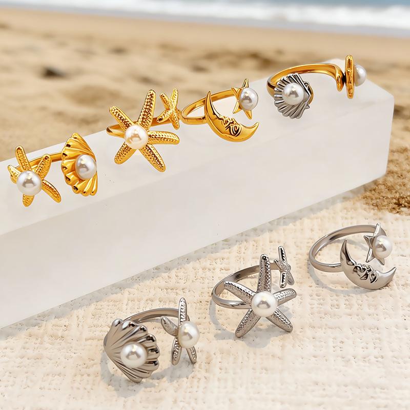 Ocean Starfish Shell Open Rings For Women Stainless Steel Ring Summer Beach Aesthetic Waterproof Jewelry Gift