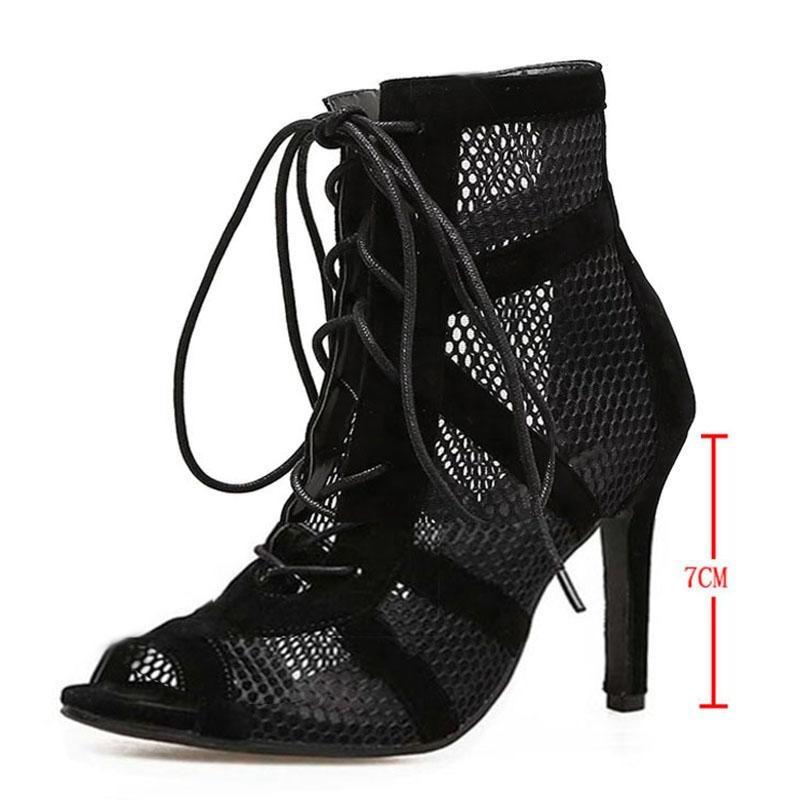 Aneikeh 7CM Middle Heel Ankle Strap Hollow Out Mesh Ankle Boots 2023 Fashion Summer Lace Up Cross-tied Peep Toe Surface Women Dress Shoes Size 35-43