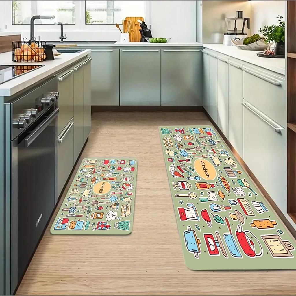 Cartoon Graffiti Knife and Fork Soft Kitchen Non-slip Floor Mat, Kitchen Carpet Mat, Washable Home Decoration Carpet Mat