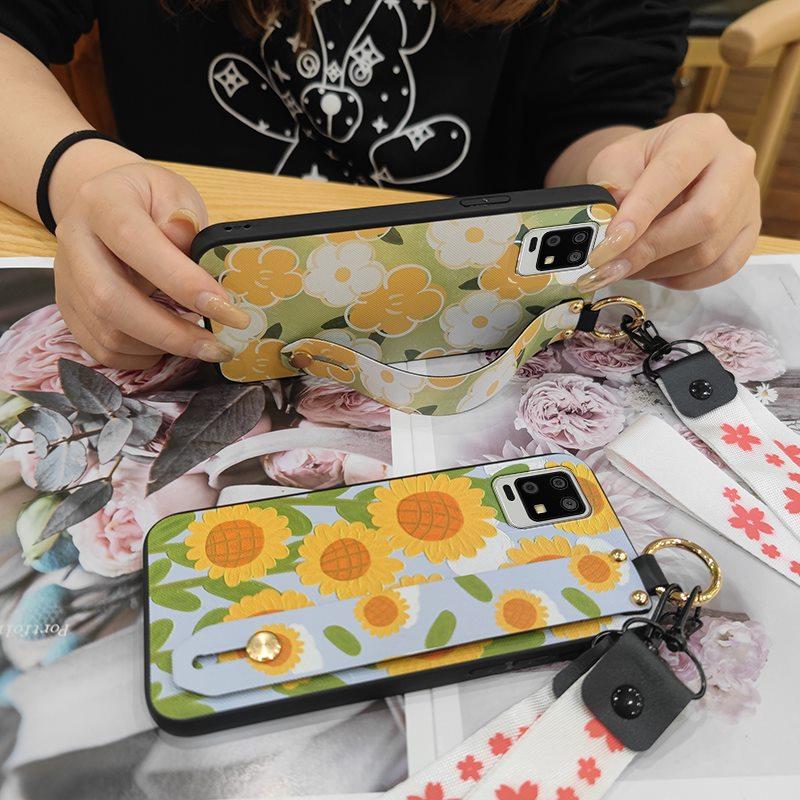 Durable Back Cover Phone Case For Sharp Aquos Zero6/Aquos Air Soft Case Flower Kickstand Wrist Strap Anti-dust Lanyard