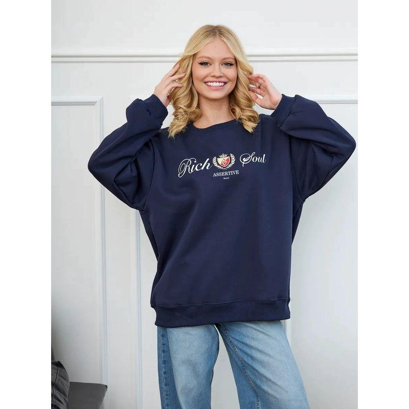 

Loose Printed Long Sleeve Top Western Style New Fashion Print Letters Over fit hoodie Navy blue (thin) thin 3XL