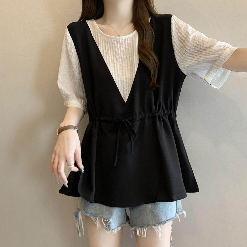

Women s Clothing Patchwork Fake Two Pieces Short Sleeve T-shirt Female Summer Plus Size Ladies Cover Belly Lace-up Waist-Controlled Slimming Chic Tops White L [Recommendation 50-60kg]
