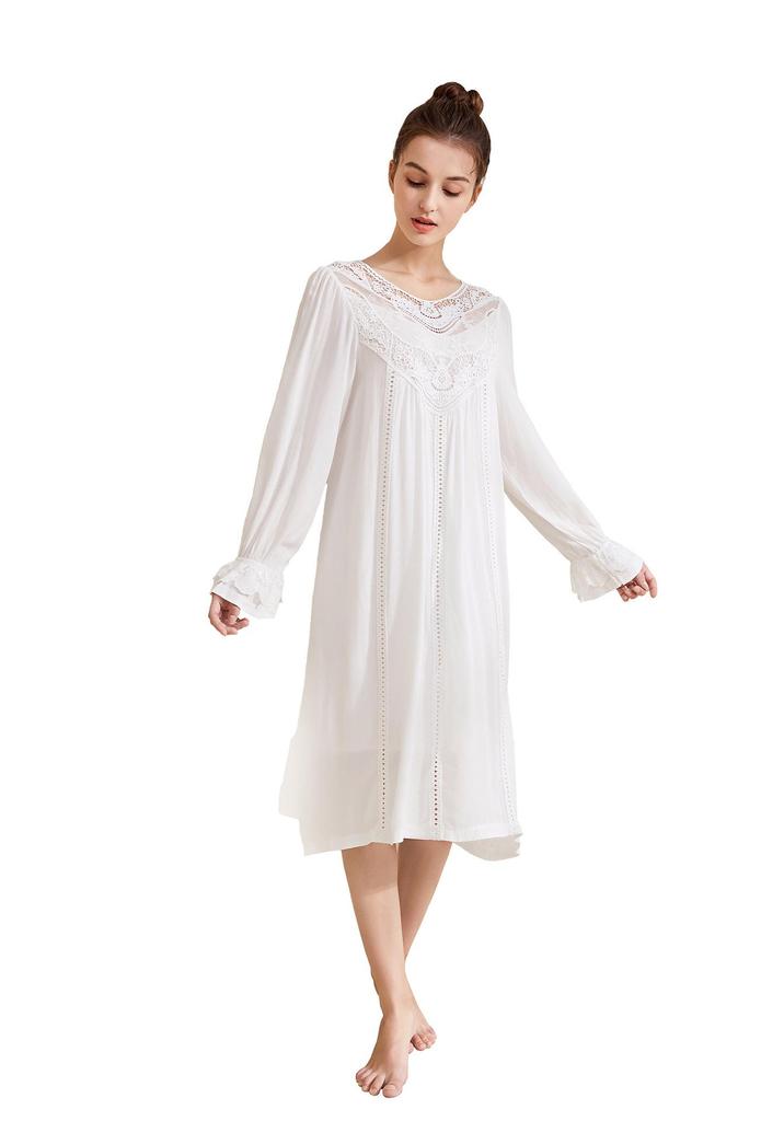 European Princess Cotton Lace Plus Size Retro Long Sleeve Nightgown - Soft Double Layer Homewear