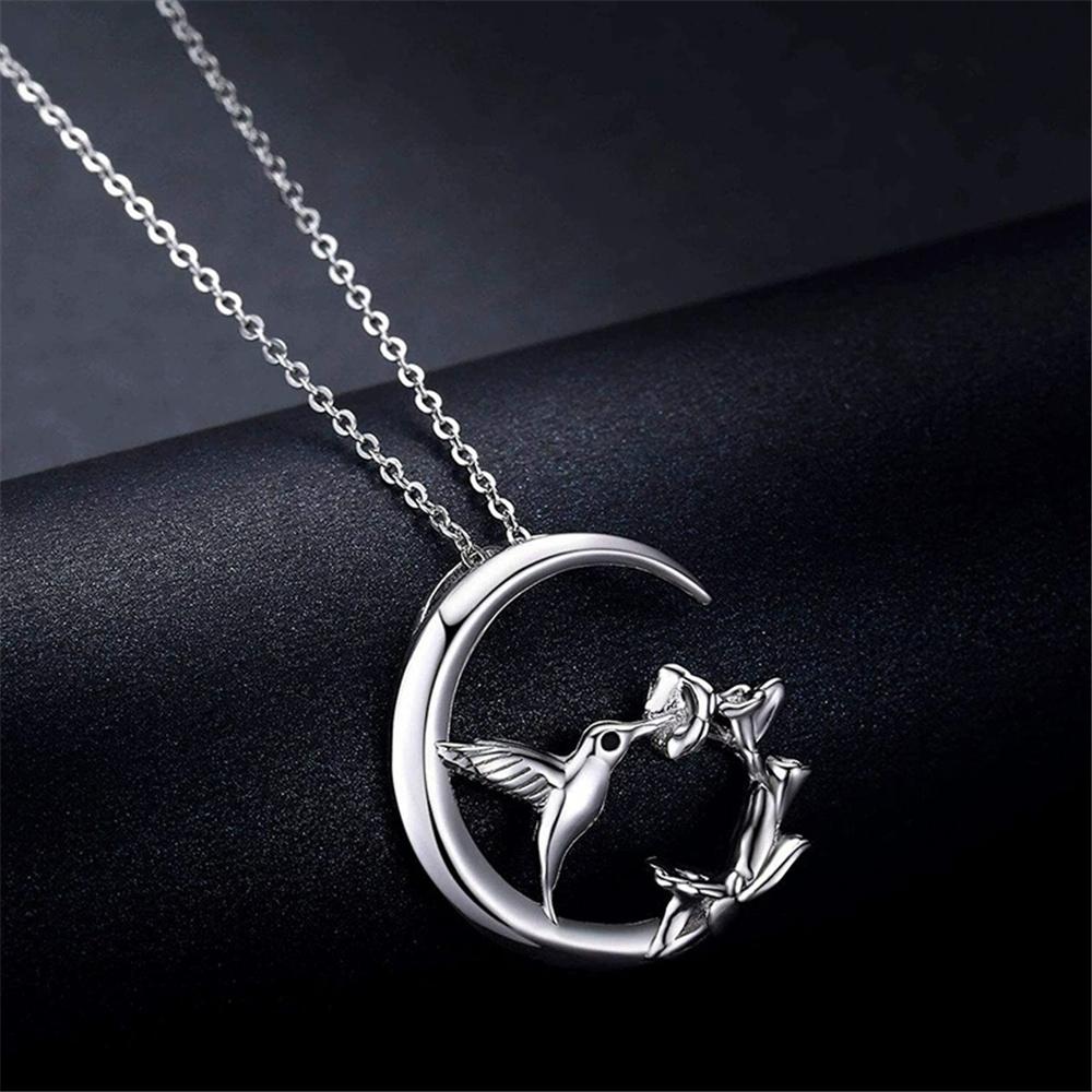 Cute Female Moon Bird Flower Pendant Necklace Vintage Silver Color Wedding  For Women
