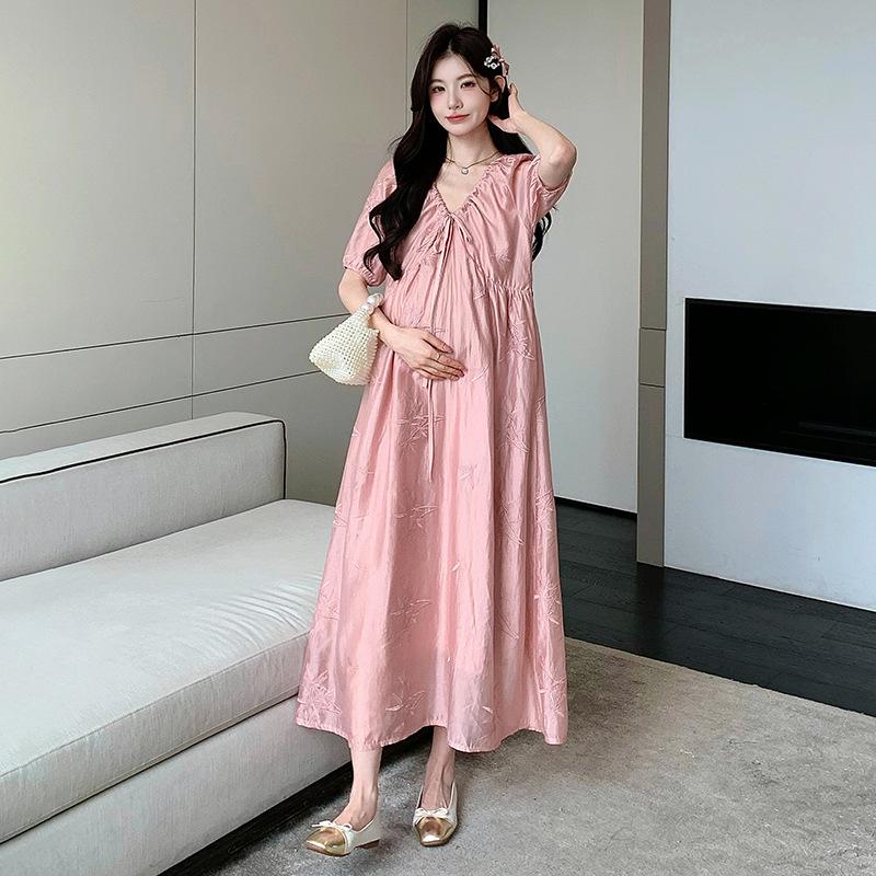 Real 2026 Summer Embroidered V-Neck Puff Sleeve Maternity Dress XL