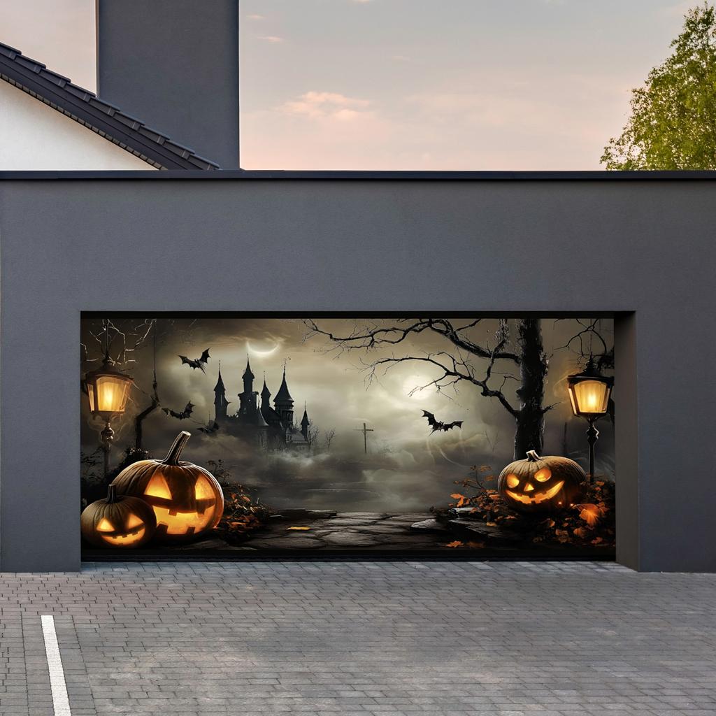 1 Halloween pumpkin castle bat garage door polyester background suitable for holiday parties or daily decoration
