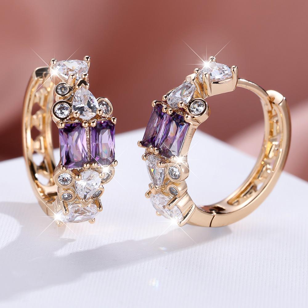 Exquisite White Blue Red Zircon Hoop Earrings for Women Luxury Gold Color Wedding Circle Earrings Jewelry Gift