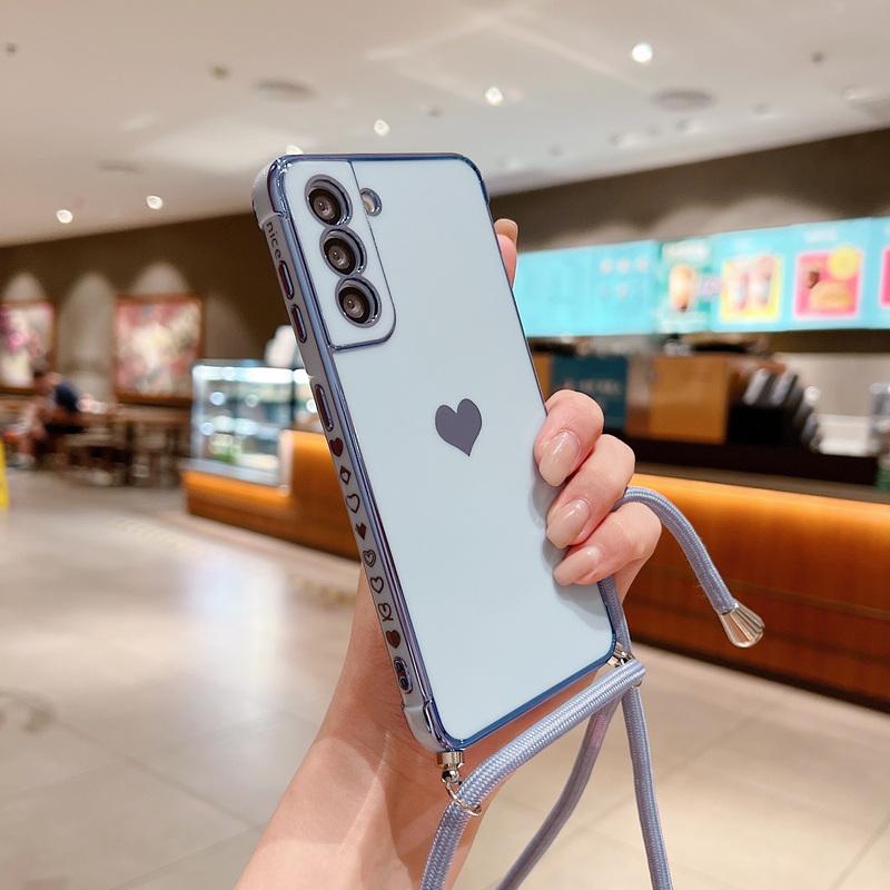Crossbody Strap Cord Phone Case For Samsung Galaxy S25 S23 S24 Ultra S24 FE A35 A15 A16 A55 A54 5G Plating Heart Lanyard Cover