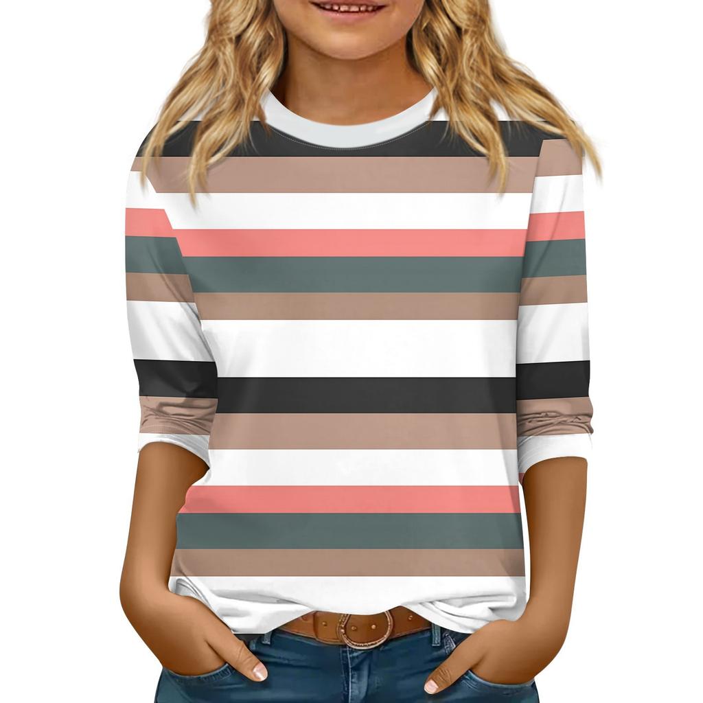 Children's 3/4 Sleeve Tops Casual  Print T Shirt Round Neck Pullover Blouse