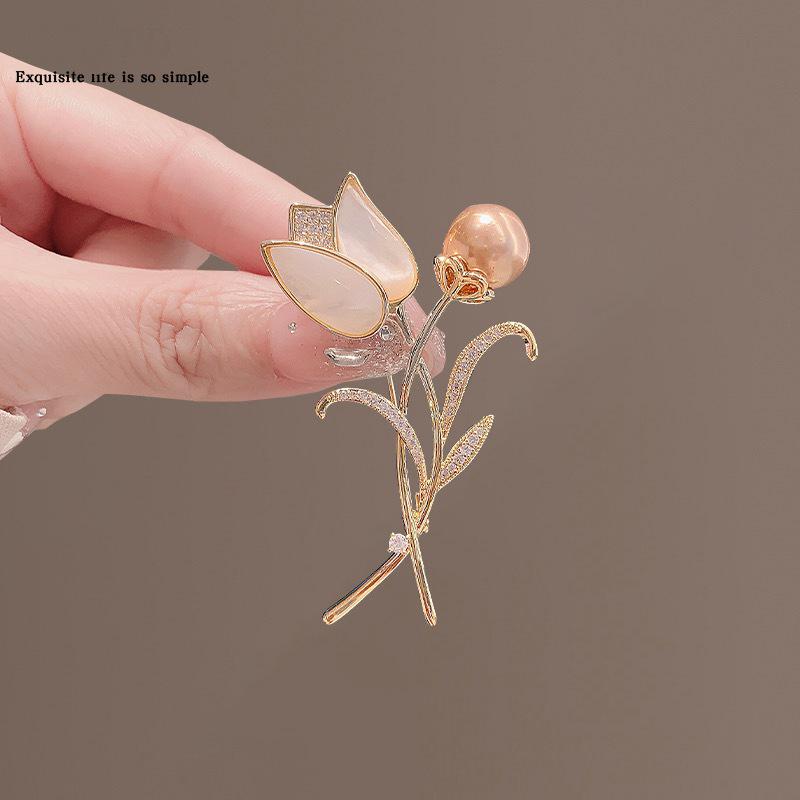 Elegant Tulip Pearl Crystal Brooch for Women - Floral Shawl Pin for Coats & Suits