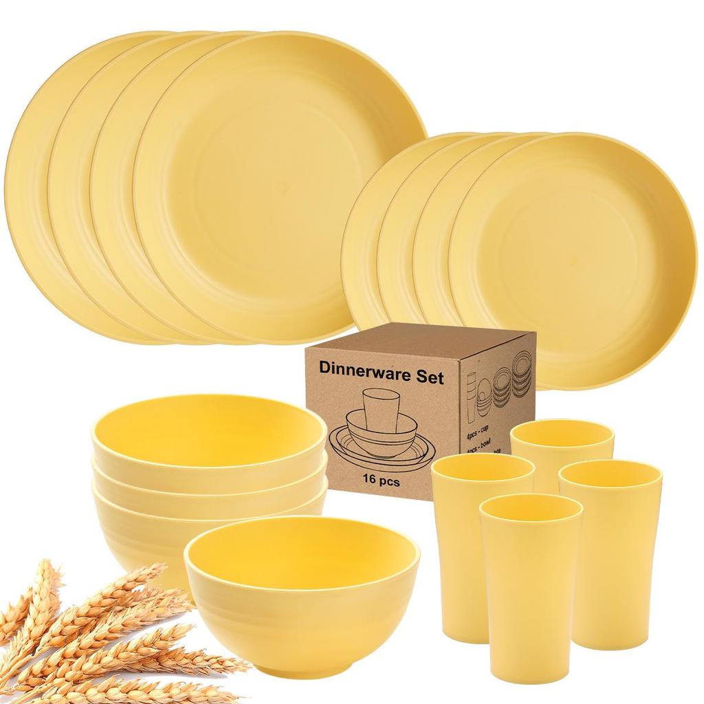 Eco-Friendly Wheat Straw 24-Piece Dinnerware Set: Plates, Bowls, Cups & Cutlery
