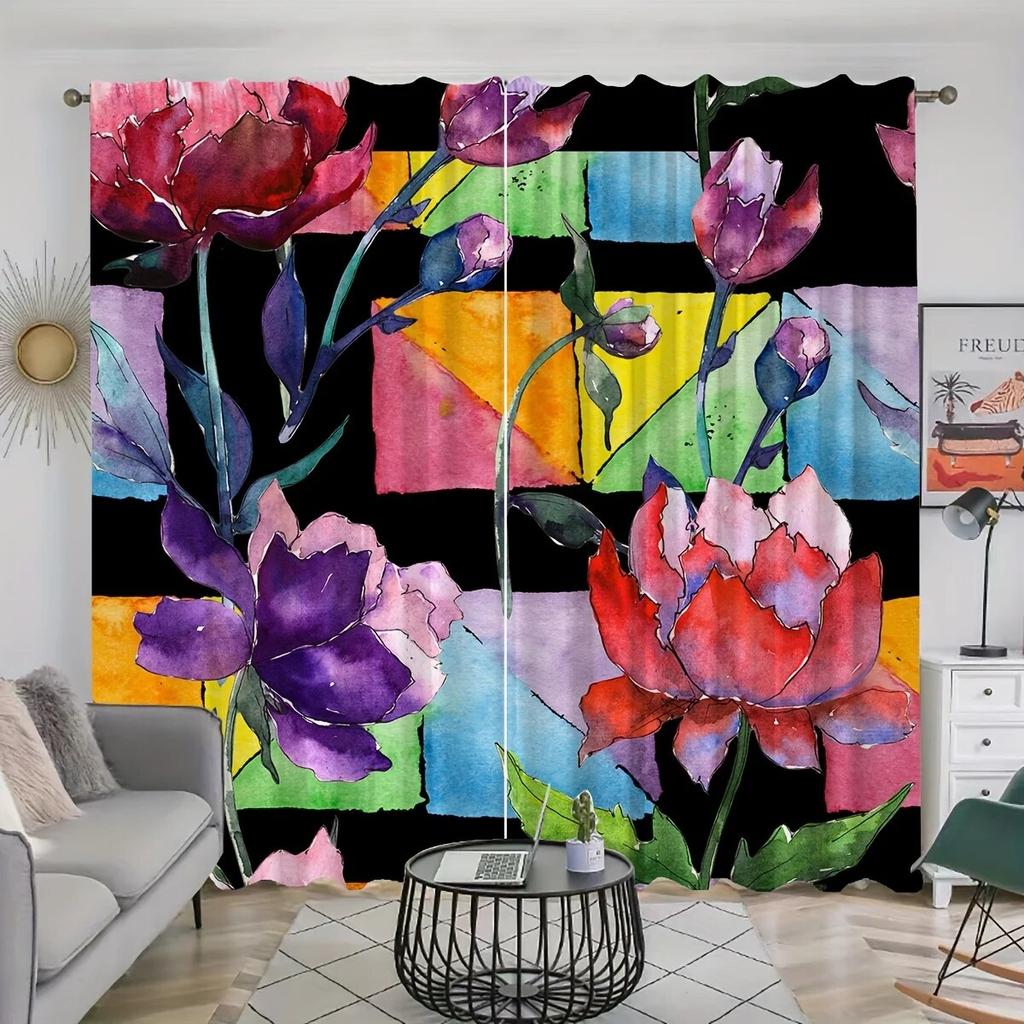 2pcs Wild Flowers Peonies With Watercolor Style Printed Curtains Rod Pocket Curtain  For Living Room Bedroom Windows Home Decor