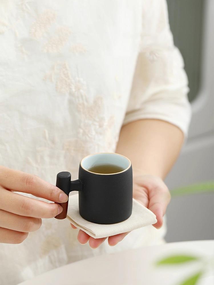 70 small capacity ceramic gradient wood handle latte coffee cup, coarse ceramic Japanese kiln made mug tea cup