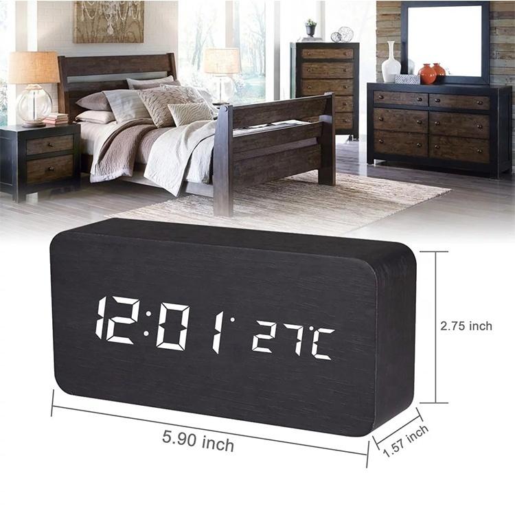 Creative Fashion Digital Alarm Clock with Indoor Temperature and Humidity Digital Wood Table Clock Wooden Desk Alarm Clock