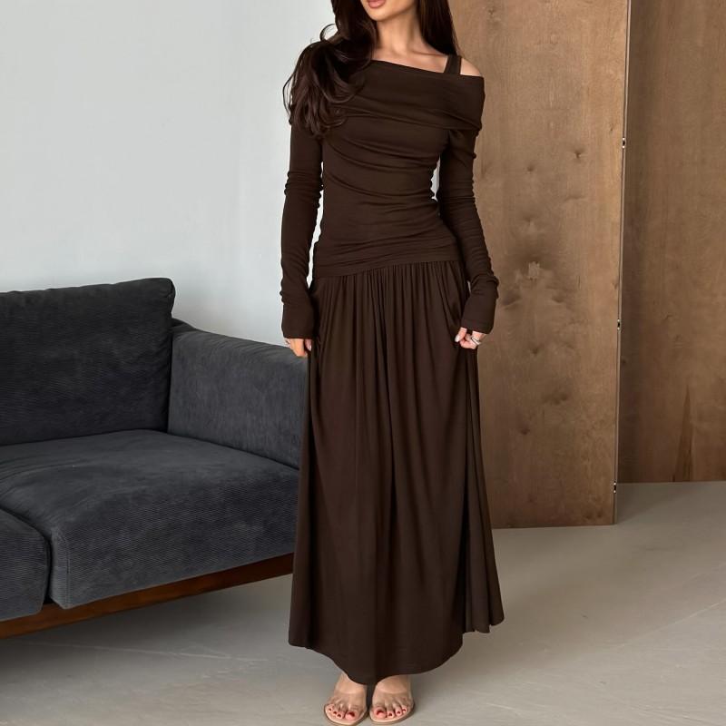 Womens 2-Piece Set Long Sleeve Sweet Top Pleated Midi Skirt Elegant Commute Outfit