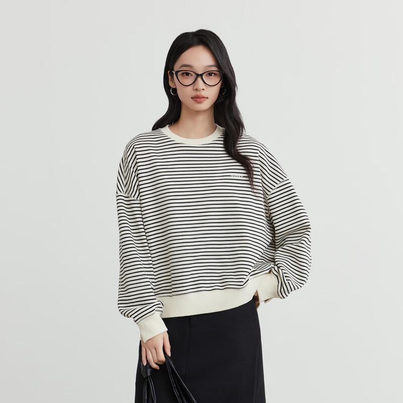 Elva' Island Women's Autumn/Winter Striped Drop Shoulder Crew Neck Loose Sweatshirt
