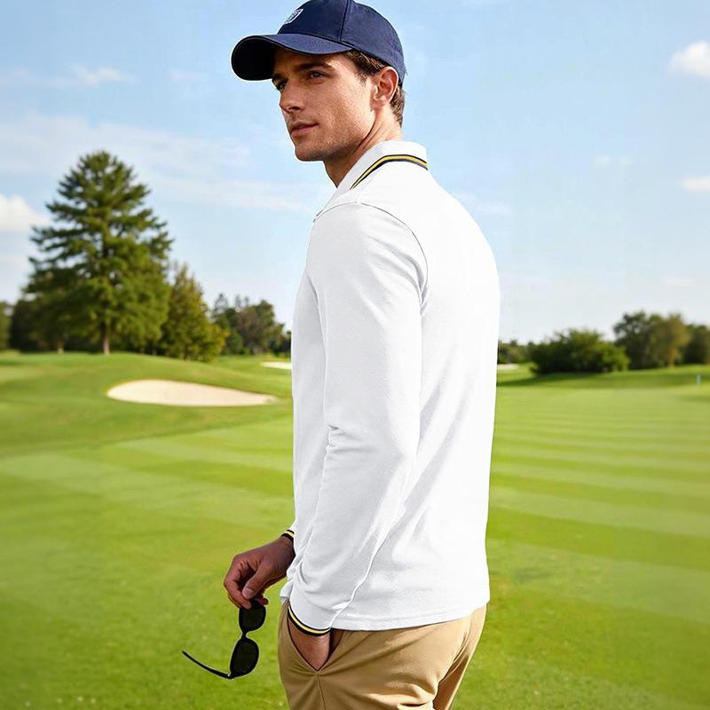 Amerikanischer Stil Locker Langarm Herren Freizeit Atmungsaktiv Einfarbig Golf Poloshirt