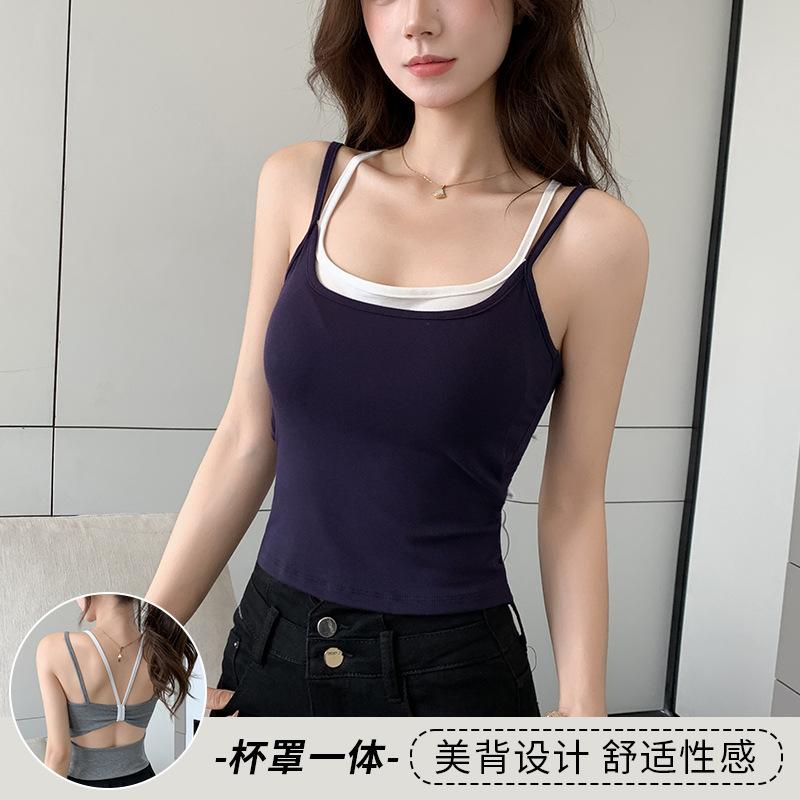 

6 fake two pieces of small suspender vest for women, slim and thin in summer, with chest pads inside, Spice girls can wear tops outside XL fits 125-70kg темно-синий