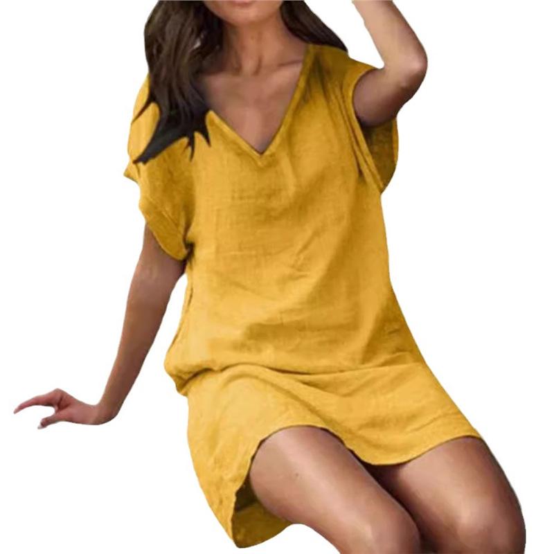 2023 Summer Cotton Linen V-Neck Loose Short Sleeve Dress