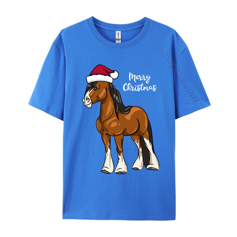 Cute Cartoon Clydesdale Draft Horse Christmas T-Shirt Men Crew Neck Camisas Men Printed Tops Tee Pure Cotton