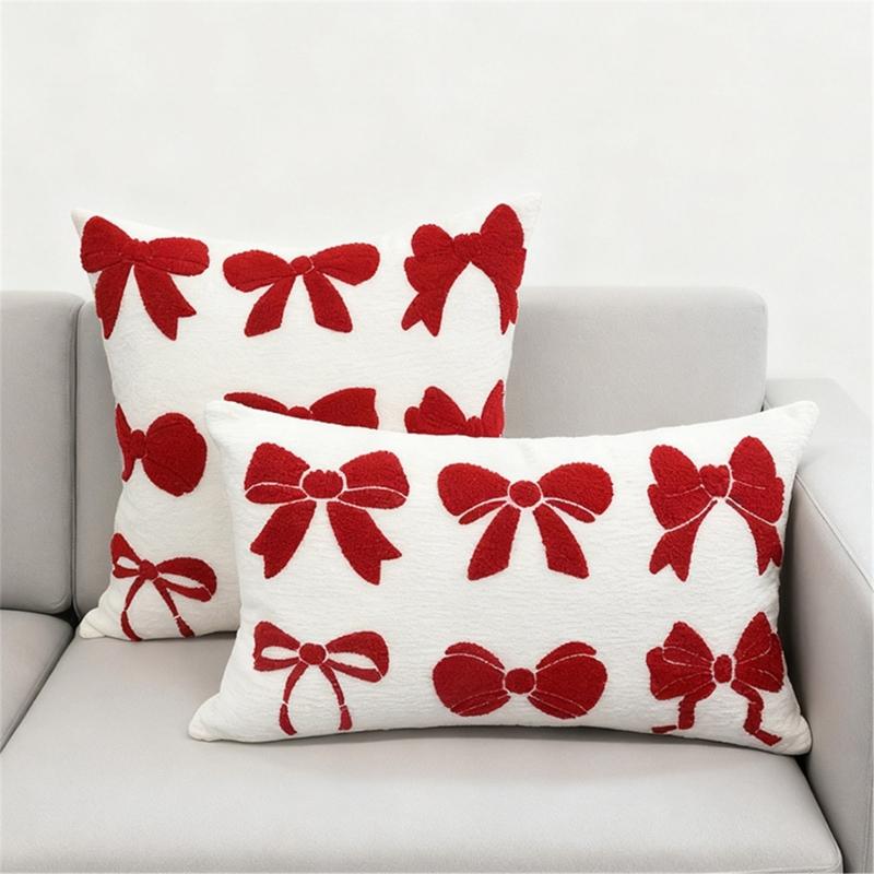 Throw Pillow Case with Tufted Embroidered Bows Design Decorative Cushion Cover for Elegant Living Room Bedroom Decors